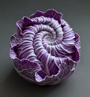 Surreal spiral purple cabbage with fractal pattern creates mesmerizing natural geometry perfect for food art, botanical illustration and abstract design projects on dark background.