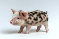 Spotted miniature pig with pink skin and black markings standing in profile view on white background, isolated studio shot for design and advertising use.