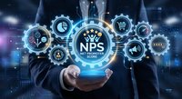 Businessman holding glowing NPS net promoter score interface with customer satisfaction icons and digital analytics dashboard for business performance measurement.