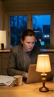 Focused middle-aged Caucasian woman working late on laptop at home kitchen table with lamp, coffee cup and documents at dusk.