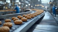 Fresh baked cookies moving on automated conveyor belt production line in modern food manufacturing facility with workers in background.