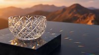 Crystal glass bowl with diamond cut pattern on dark marble surface, rainbow light reflections, mountain sunset backdrop, luxury decor.