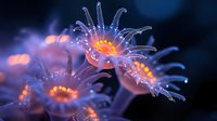 Luminescent sea anemones glowing with orange and purple bioluminescence against dark ocean background, macro underwater photography showing delicate tentacles.