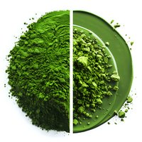 Split view of vibrant matcha green tea powder showing fine and coarse texture on green ceramic plate, isolated on white background for food and beverage photography.