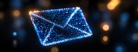 Glowing digital envelope icon made of blue light particles and dots on dark background with bokeh effects, symbolizing electronic communication and messaging.