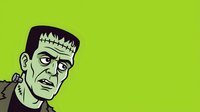 Cartoon monster character with flat-top head and stitched features on bright lime green isolated background, ready for Halloween designs, t-shirts, and clipart applications.