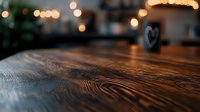 Rustic wooden table surface with warm bokeh lights creating cozy cafe atmosphere for product placement and food photography backgrounds.