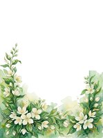 Watercolor floral frame with white flowers and green leaves on transparent background for wedding invitations and spring designs.