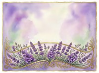 Watercolor lavender flowers with ornate golden scrollwork border on soft purple and cream background, isolated on white for design projects, invitations, and decorative applications.