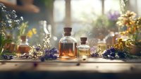 Vintage glass bottles with essential oils surrounded by fresh lavender flowers on wooden table in soft morning light. Natural aromatherapy and wellness concept.