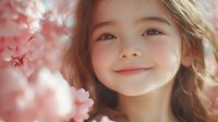 Young girl with wavy brown hair smiling gently among pink cherry blossoms in soft spring sunlight. Natural portrait with warm lighting and floral background.