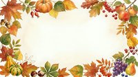 Autumn harvest frame with fall leaves, pumpkins, apples, grapes, and berries arranged on cream background. Seasonal border design for thanksgiving and harvest celebrations.