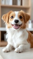 Adorable fluffy puppy with brown and white fur sitting happily with tongue out in cozy home interior for pet care and family lifestyle content.