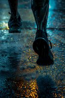 Feet walking on wet asphalt during rain at night, with street lights reflecting in puddles creating atmospheric golden and blue mood for urban photography.