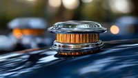 Vintage luxury car fuel cap with chrome and gold details against dark metallic paint, bokeh lights in background creating elegant automotive atmosphere.