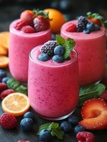 Pink berry smoothies topped with fresh blueberries, blackberries and mint leaves in glasses surrounded by colorful fruits for healthy breakfast drinks.