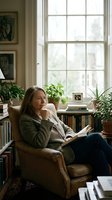 Middle-aged woman with long brown hair, Caucasian ethnicity, sitting thoughtfully in a leather armchair by a large window, holding an open book, surrounded by potted plants and home library shelves.