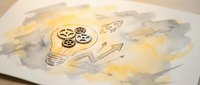 Business innovation concept with lightbulb containing gears and upward arrows on watercolor background representing creative problem solving and growth.