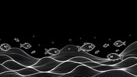 White line art fish swimming above flowing waves on black background for marine themed designs and nautical decorations.