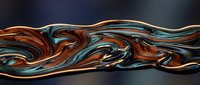 Abstract fluid art with swirling copper and teal metallic waves creating dynamic flowing patterns on dark background for modern design projects.