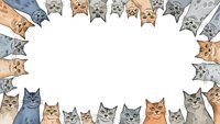 Adorable cats frame border with various breeds creating circular pattern on white background. Cute feline faces surrounding empty space for text or design.
