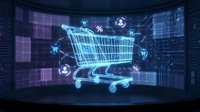 Digital shopping cart hologram with percentage and dollar icons floating in futuristic cyber space for e-commerce technology and online retail concepts.