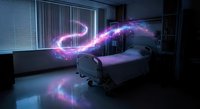 Futuristic hospital room with glowing purple energy stream flowing above patient bed. Medical technology concept for healthcare innovation and digital transformation.