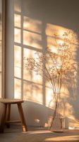 Sunlight through window casting geometric shadows on wall, dried baby's breath flowers in glass vase create delicate silhouette, wooden stool adds rustic warmth.