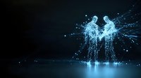 Glowing blue silhouettes of dancing couple created from light particles and energy waves against dark background with reflective surface and magical atmosphere.