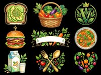 Avocado toast on whole grain bread, wicker basket filled with fresh vegetables, organic produce emblem, gourmet hamburger, vegetable banner with herbs, soup bowl with vegetables, milk carton with glass, utensils surrounded by fresh produce, and heart shape filled with colorful vegetables isolated on transparent background. Ready for t-shirt design, clipart, stickers, print-on-demand products, and sublimation projects.