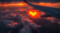 Dramatic sunset view from airplane window with heart-shaped sun glowing through red clouds, aircraft wing silhouette creating romantic travel atmosphere.