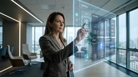 Professional businesswoman interacting with futuristic holographic interface in modern office environment for technology and innovation concepts.