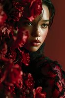 Young Asian woman with dramatic red roses and lace styling in moody lighting for fashion and beauty concepts.