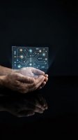 Senior man hands holding futuristic holographic circuit board interface with glowing connections and digital elements on dark background.