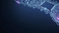 Digital circuit board pattern with glowing purple and blue electronic pathways on dark background for technology and innovation concepts.