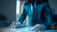 Businessman in suit with digital skeleton overlay signing documents, futuristic holographic visualization of human anatomy and data analytics in cyan blue tones.