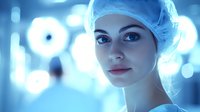 Young female medical professional in surgical cap looking confident against blurred operating room lights background in cool blue tones, healthcare concept.