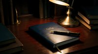 Elegant navy blue journal with gold lettering and fountain pen on a dark wooden desk, lit by a warm brass lamp in a classic study setting.