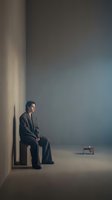 Contemplative male professional in dark suit sitting alone against minimalist wall in empty space, conveying isolation, loneliness, and introspection for business and mental health concepts.