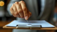 Male hand in business suit pointing at digital tablet screen with stylus, representing technology interaction, digital signature, app selection, or touchscreen engagement for corporate and professional contexts.