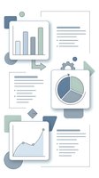 Business analytics dashboard with charts, graphs and reports for data visualization and financial analysis on white background.
