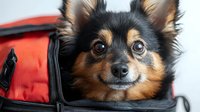 Small dog in red travel carrier bag ready for vacation trip or vet visit with adorable expression looking at camera for pet transportation concepts.