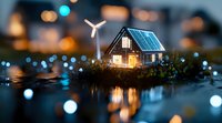 Miniature eco-friendly house with solar panels and wind turbine on island, glowing windows at dusk, reflected in water with bokeh lights creating magical atmosphere.