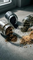 Glass jars with spilled seeds and grains scattered on concrete floor near window creating organic cooking ingredient storage concept.