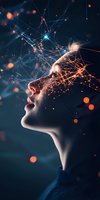 Profile silhouette with glowing neural network patterns emerging from head against dark background, orange and blue light effects create futuristic atmosphere.