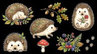 Hedgehog illustrations with autumn foliage, mushroom, berries, and paw prints isolated on transparent background. Ready for t-shirt designs, stickers, clipart, sublimation, and print-on-demand products.