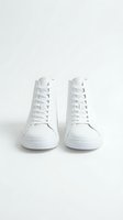 White leather high-top sneakers with laces, isolated on white background. Minimalist unisex casual footwear for fashion, retail, and lifestyle design projects.