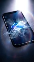 Smartphone displaying glowing cloud computing icon with digital particles and light rays for technology and data storage concepts.