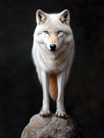 Majestic white arctic wolf standing on rock against dark background, piercing blue eyes and alert posture showcase wild nature and predator strength.