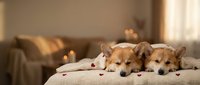 Two adorable Shiba Inu puppies lying together on cozy blanket with rose petals in warm living room setting for romantic pet photography and home decor.